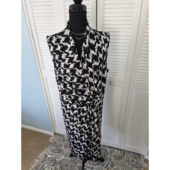Lane Bryant Dress Womens 22/24 Houndstooth Black Cream Stretch Faux Wrap Career - Picture 1 of 12